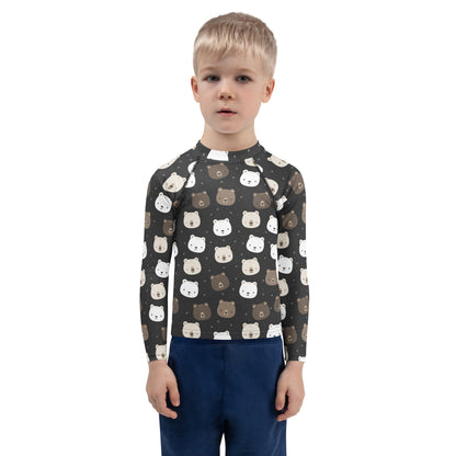 Kids Bear Faces Long Sleeve Rash Guard Swim Shirt With UPF 50+