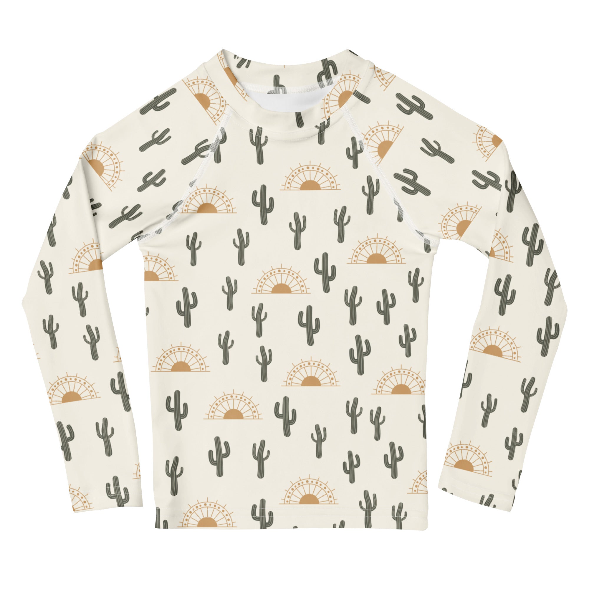 Cream-colored kids long sleeve rash guard with black cacti and tan sunbursts featuring UPF 50 plus sun protection