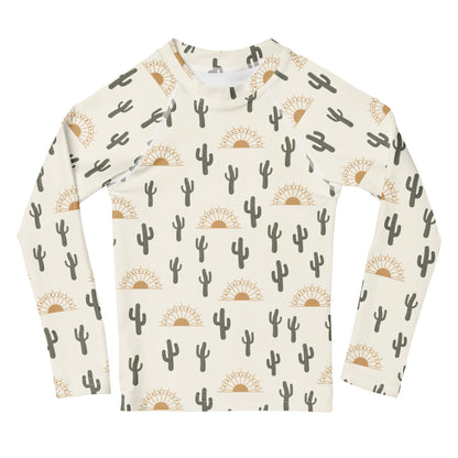 Kids Cactus Desert Sunrise Long Sleeve Rash Guard Swim Shirt With UPF 50+