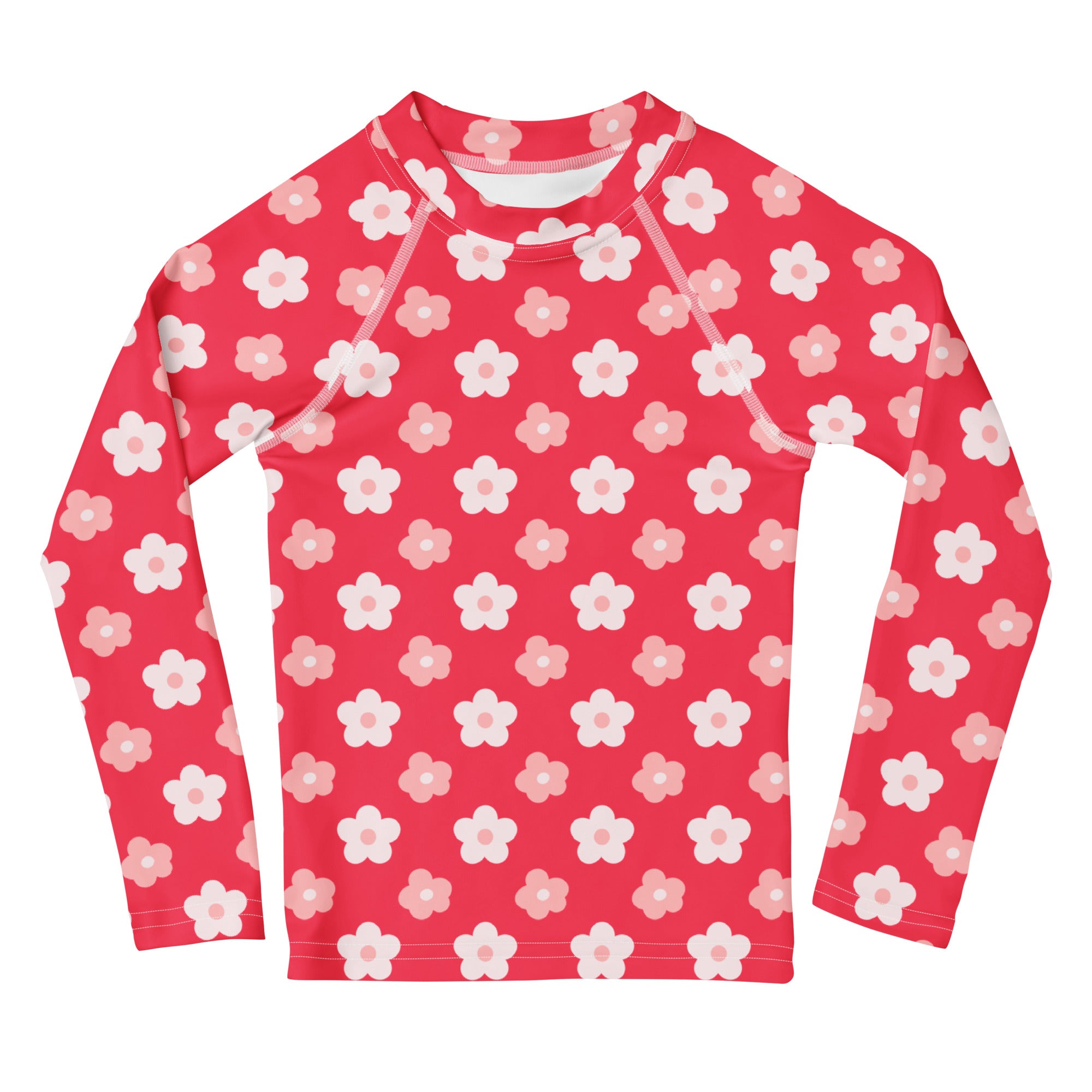 Girls red long sleeve rash guard swim shirt with playful white and light pink floral pattern and UPF 50 plus protection