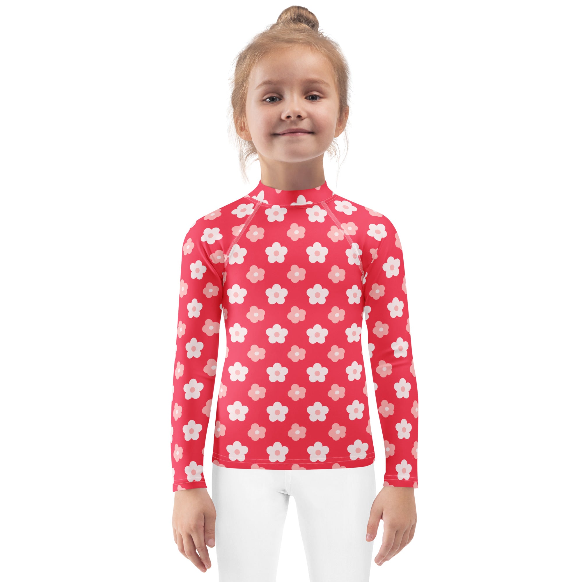 Girls red floral flowers long sleeve rash guard swim shirt with UPF 50 plus featuring playful white pink flower pattern