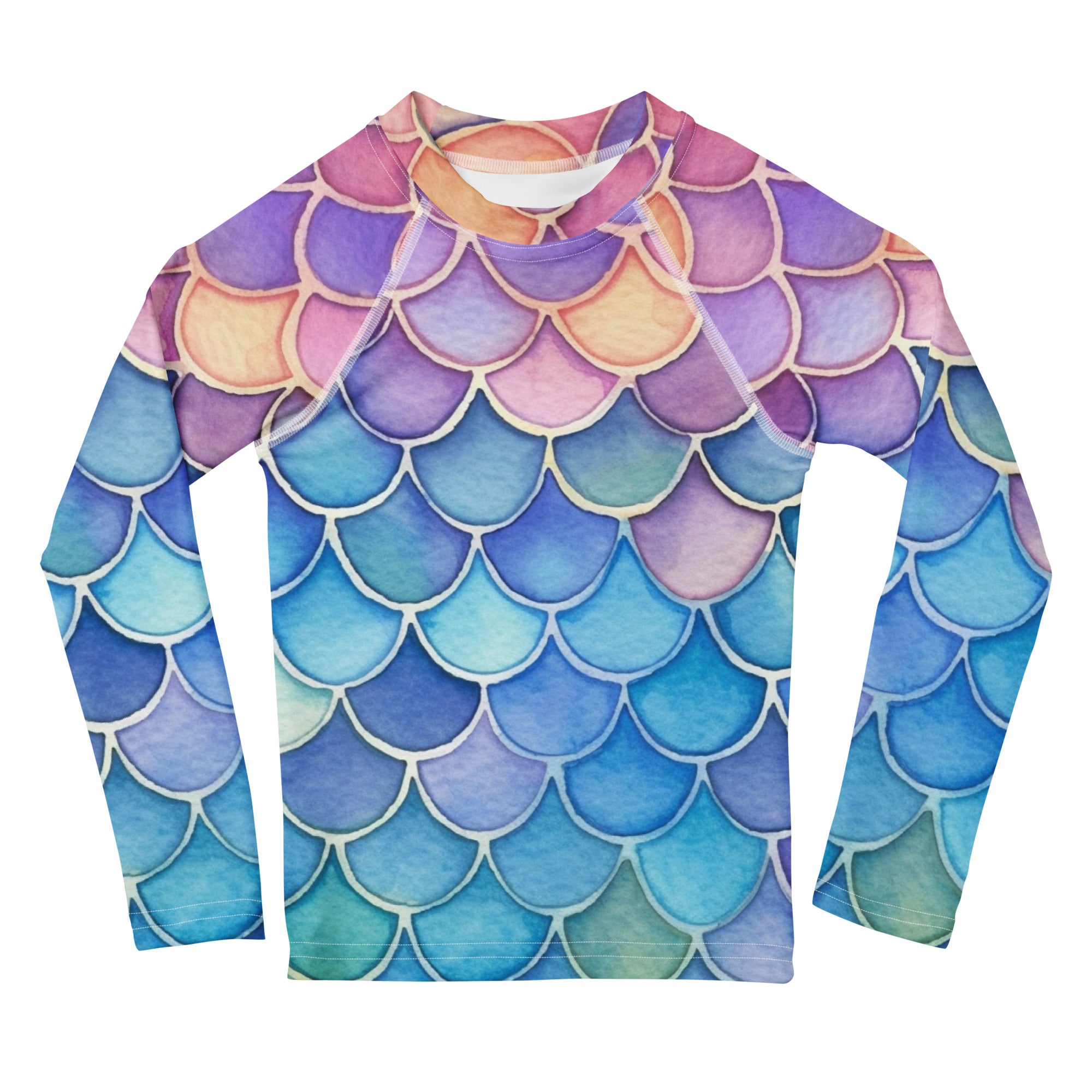 Girls watercolor rainbow mermaid long sleeve rash guard swim shirt with UPF 50 featuring purple blue and pink scales
