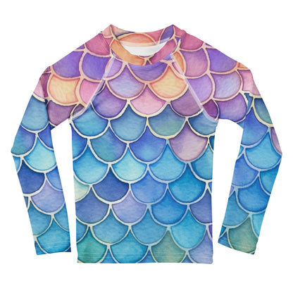 Girls Watercolor Rainbow Mermaid Long Sleeve Rash Guard Swim Shirt With UPF 50+
