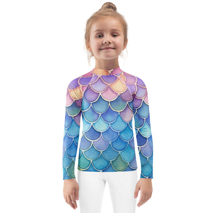 Girls Watercolor Rainbow Mermaid Long Sleeve Rash Guard Swim Shirt With UPF 50+