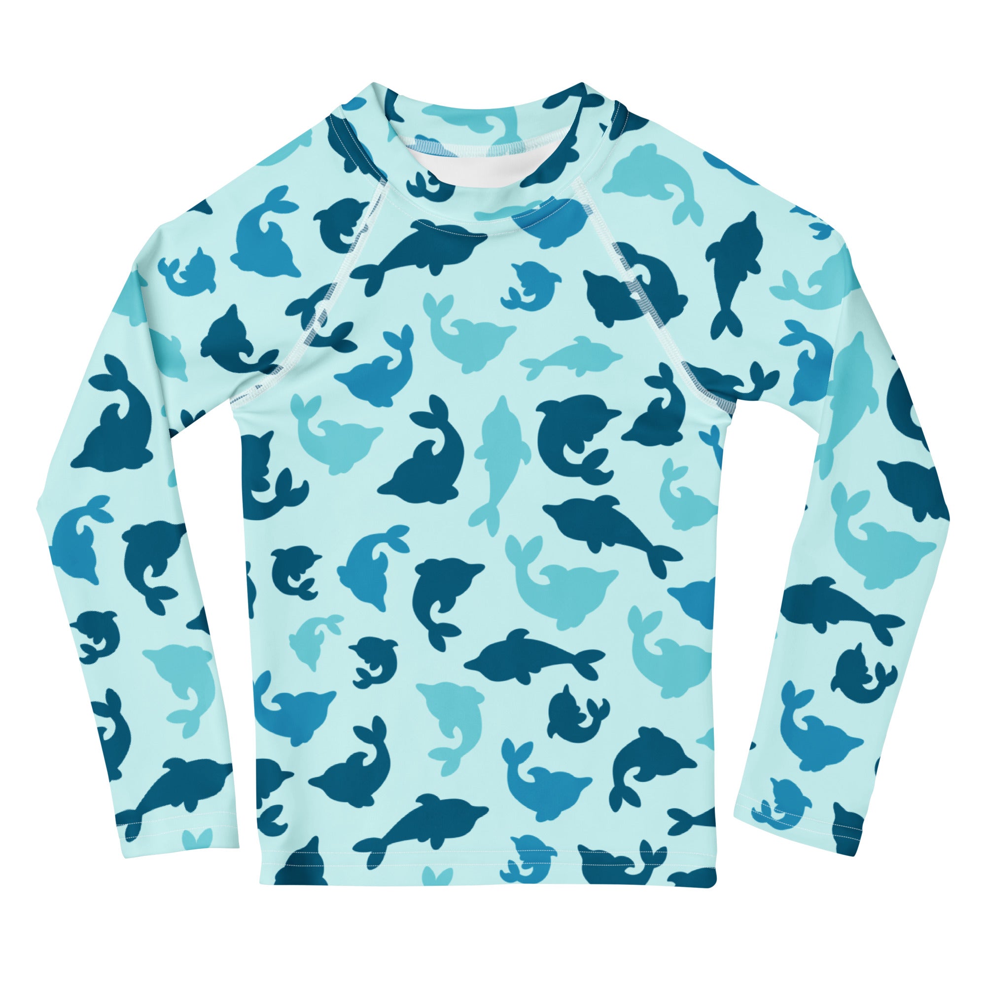 Kids blue dolphin long sleeve rash guard swim shirt with UPF 50 plus protection and playful dolphin pattern