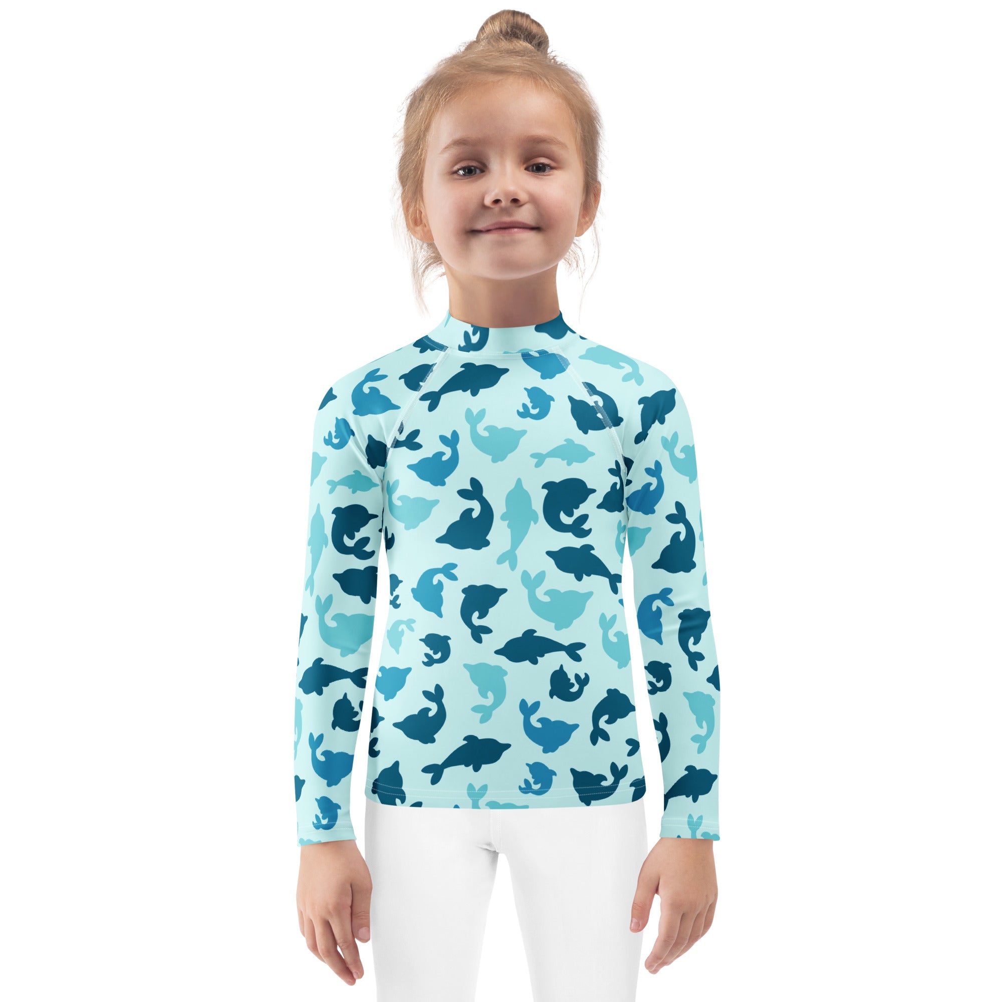 Kids blue dolphin long sleeve rash guard swim shirt with UPF 50 plus featuring playful dolphin silhouettes pattern