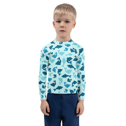 Kids Blue Dolphin Long Sleeve Rash Guard Swim Shirt With UPF 50+