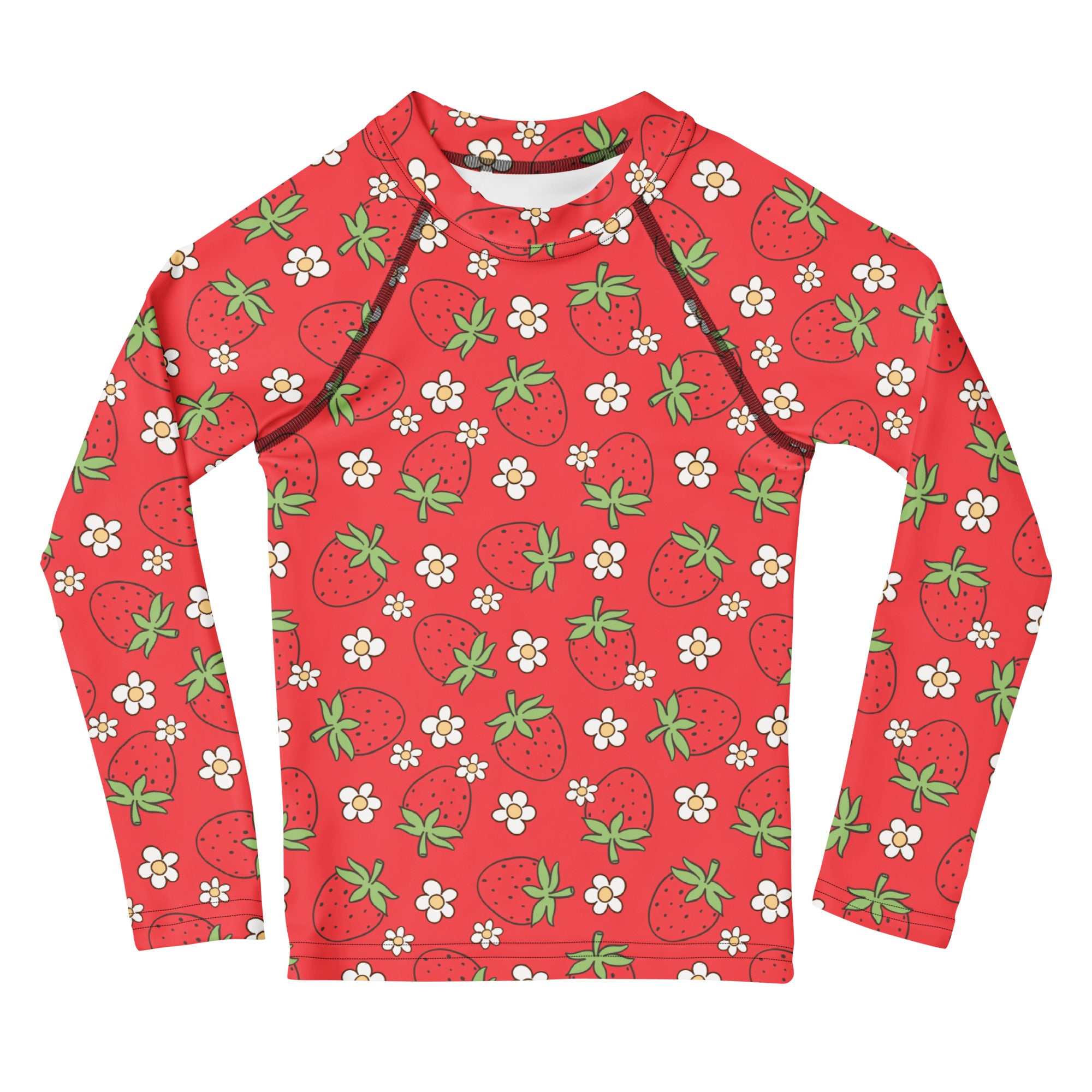 Kids red long sleeve rash guard swim shirt with playful cartoon strawberries and small white flowers and UPF 50+ protection