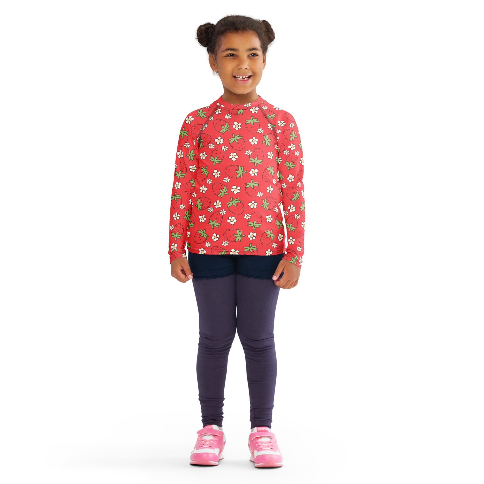 Kids red long sleeve rash guard swim shirt with upf 50 plus featuring strawberry and white flower pattern worn by child