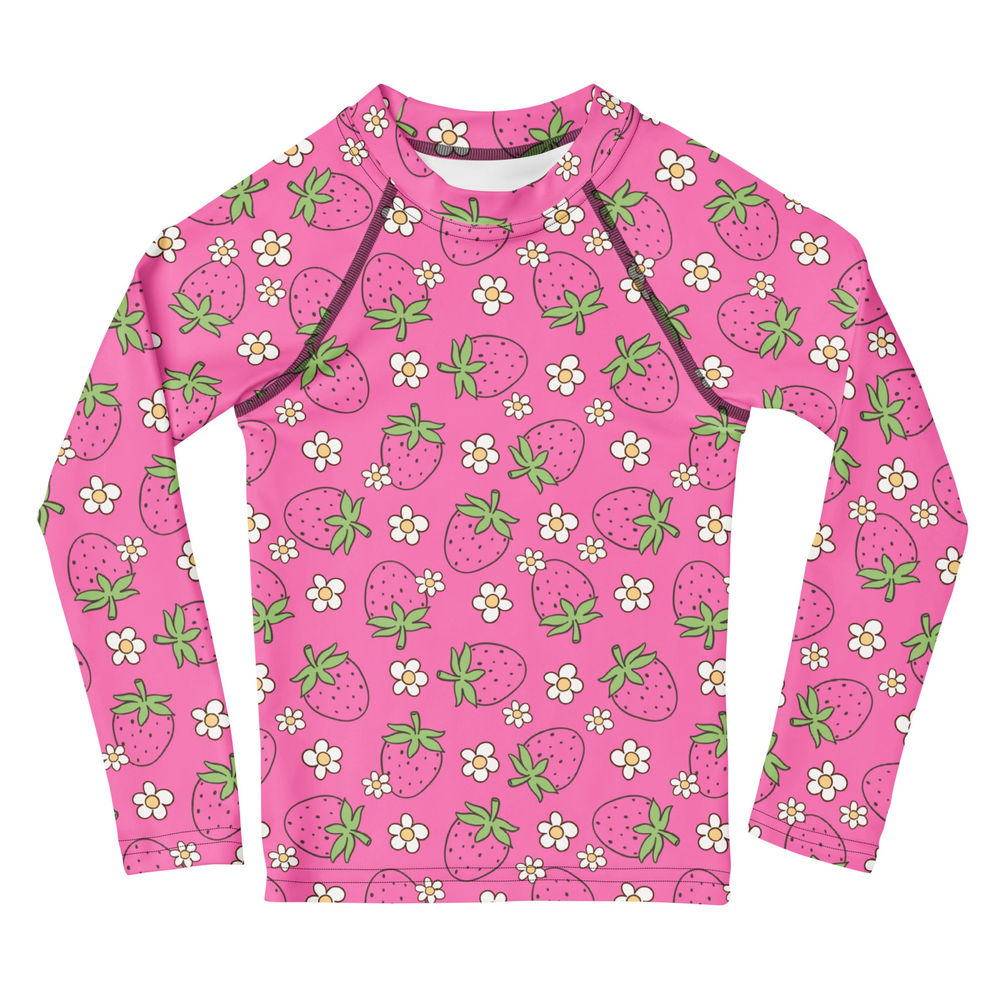 Girls pink long sleeve rash guard with playful strawberry and white flower pattern and UPF 50 plus protection