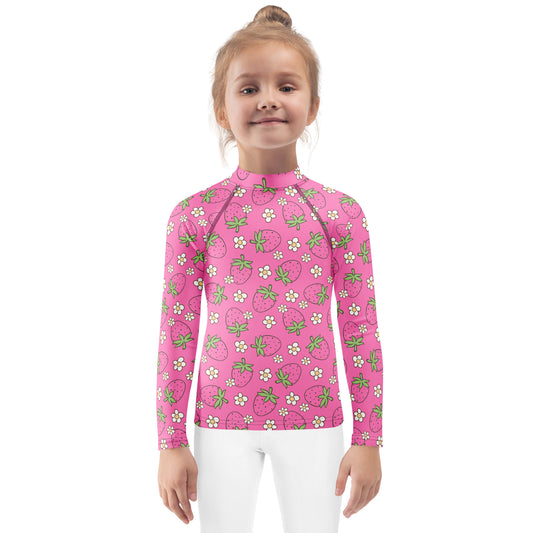 Girls Pink Strawberry Long Sleeve Rash Guard Swim Shirt With UPF 50+
