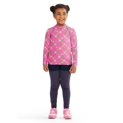 Girls Pink Strawberry Long Sleeve Rash Guard Swim Shirt With UPF 50+