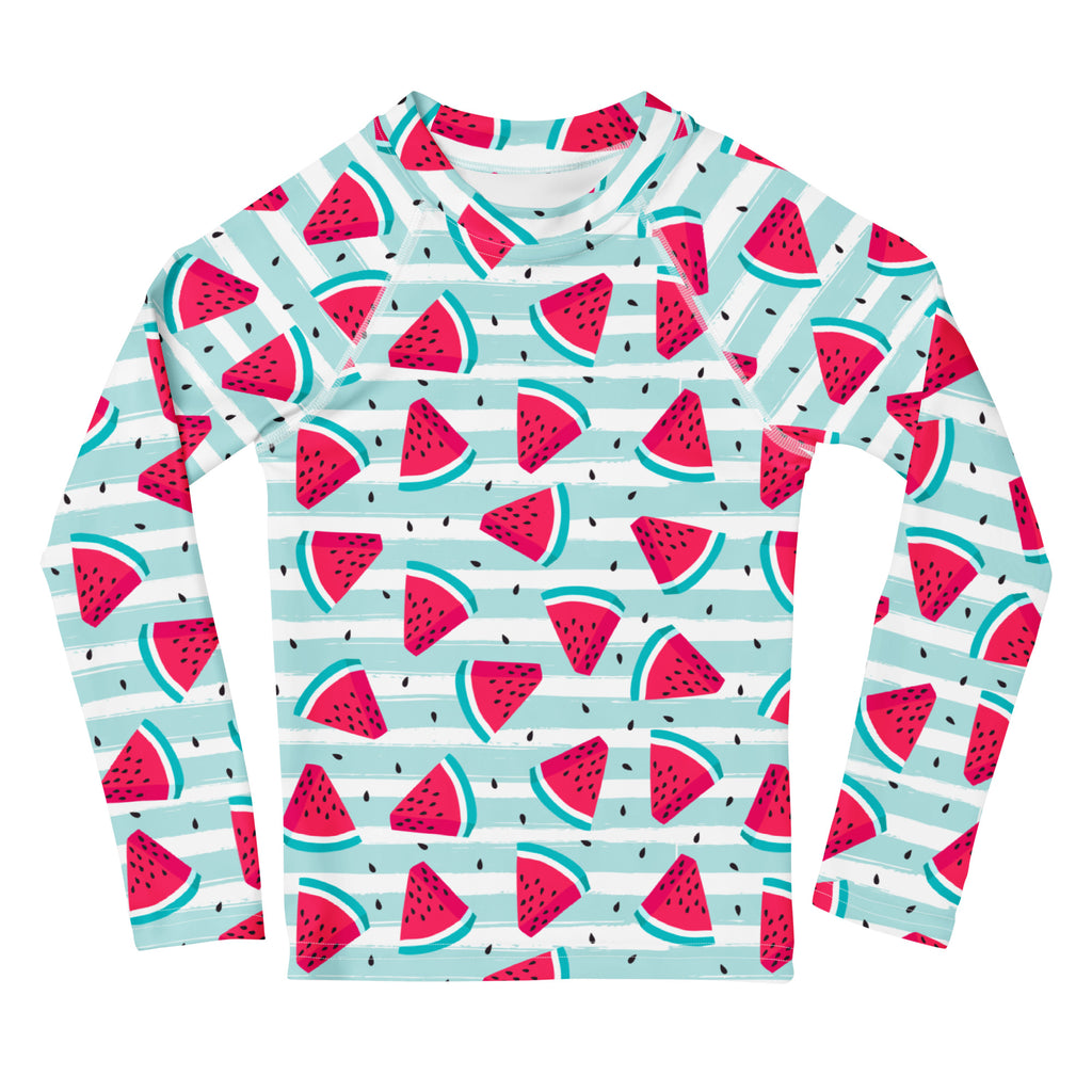 Kids striped watermelon long sleeve rash guard swim shirt with upf 50 plus featuring red watermelon slices on blue and white stripes