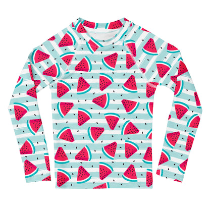 Kids Striped Watermelon Long Sleeve Rash Guard Swim Shirt With UPF 50+