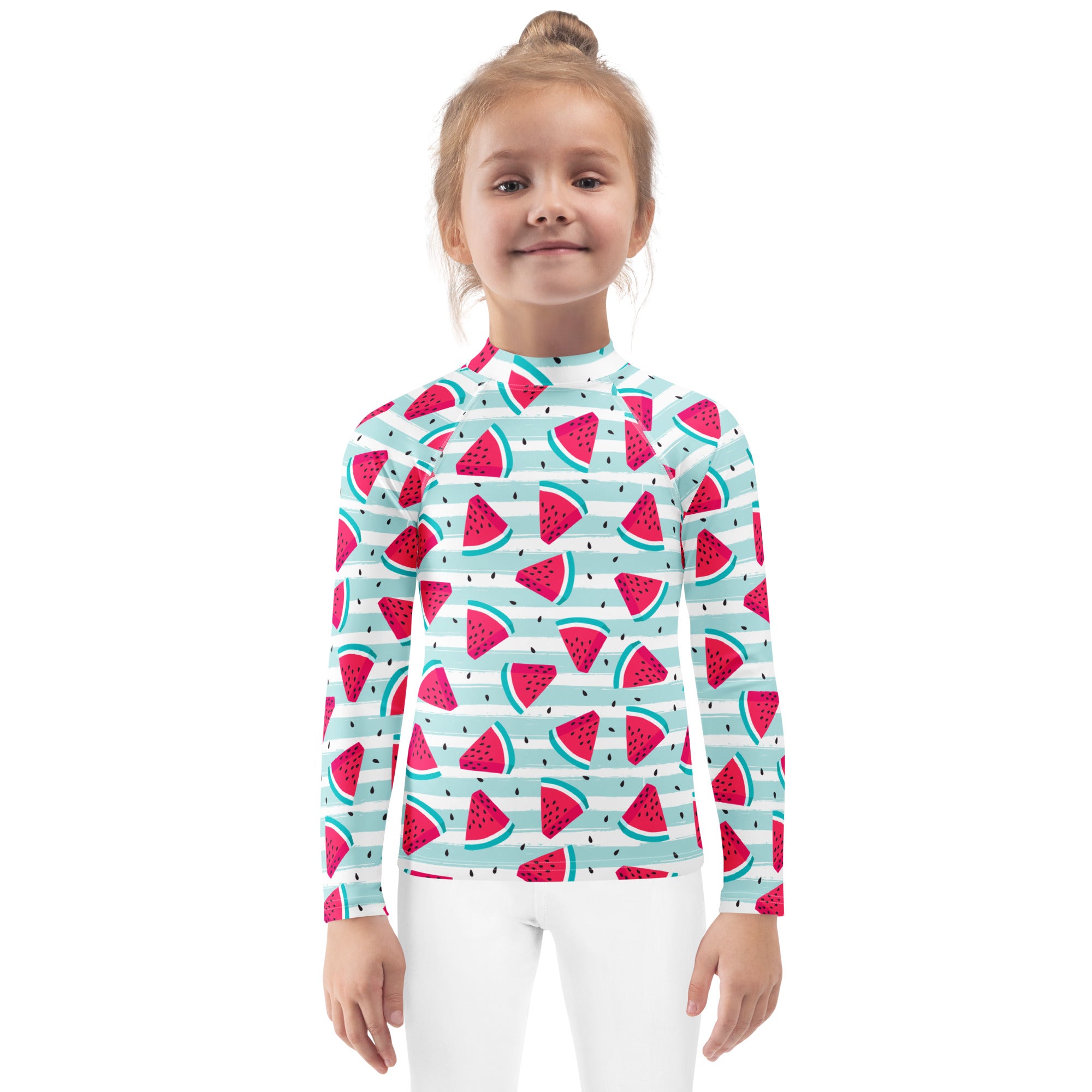 A kids long sleeve rash guard swim shirt with upf 50 plus featuring red watermelon slices on light blue and white stripes