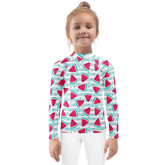 Kids Striped Watermelon Long Sleeve Rash Guard Swim Shirt With UPF 50+