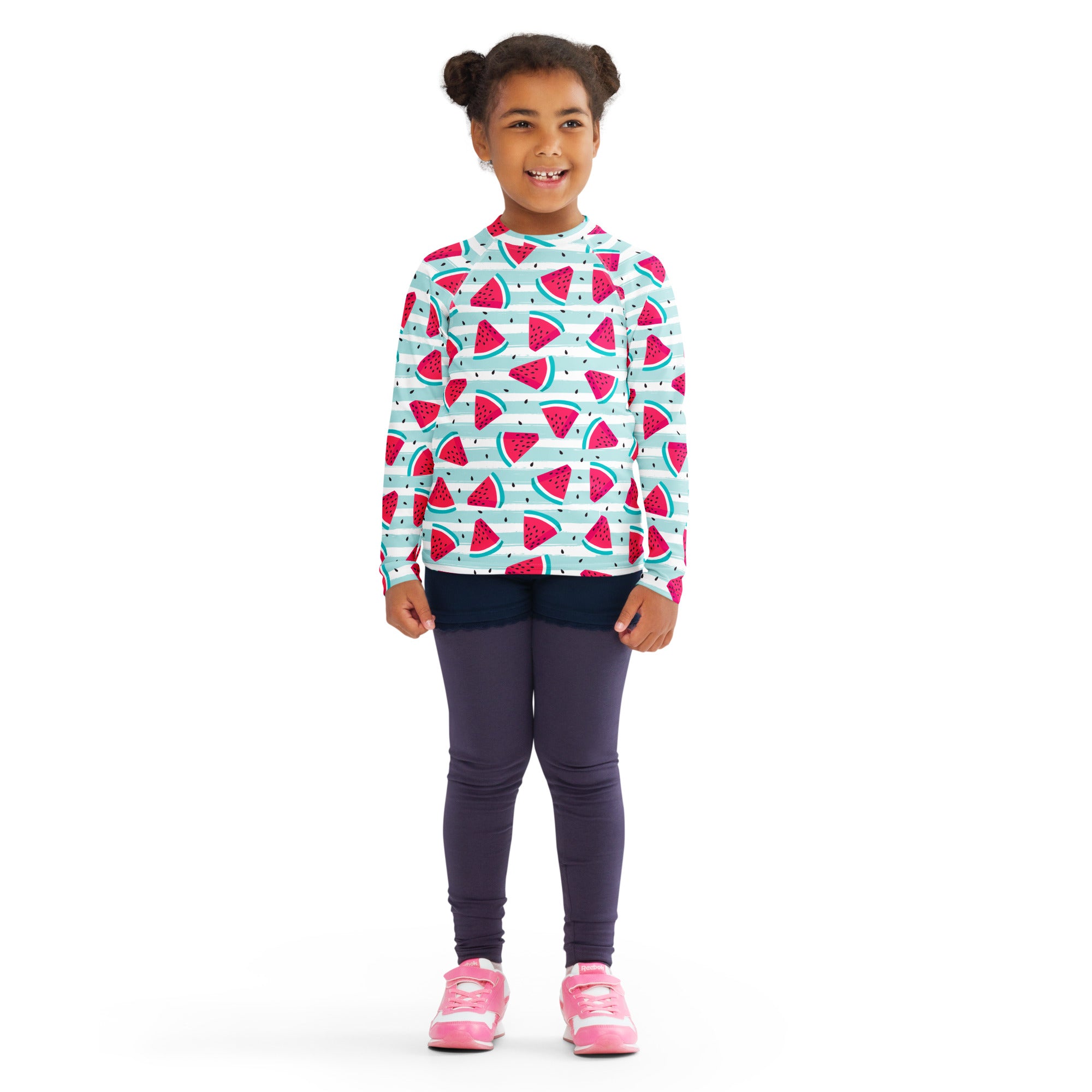 Kids striped watermelon long sleeve rash guard swim shirt with UPF 50 plus in light blue and white stripes