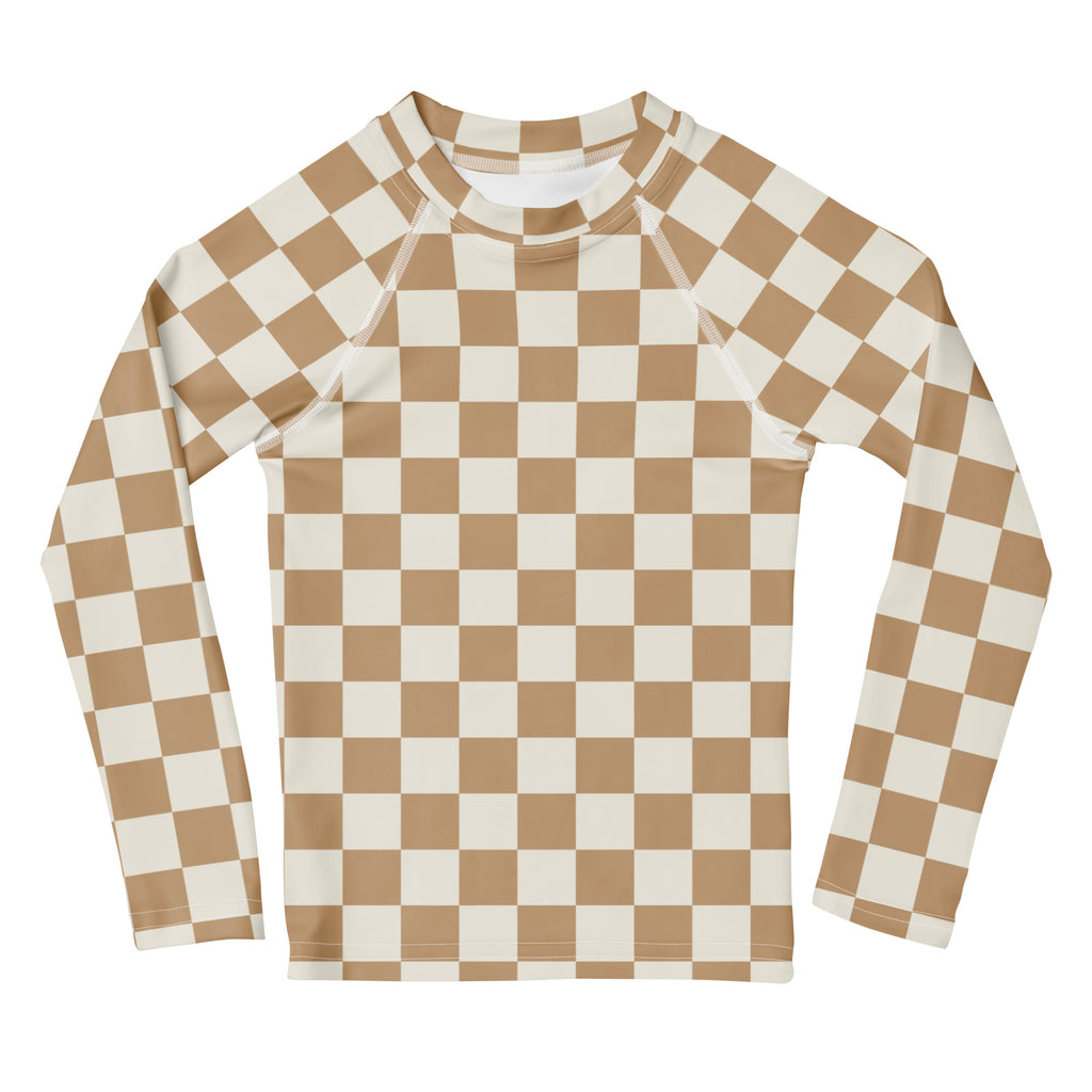 Kids sand checkerboard long sleeve rash guard swim shirt with UPF 50 plus tan and off-white checkerboard pattern