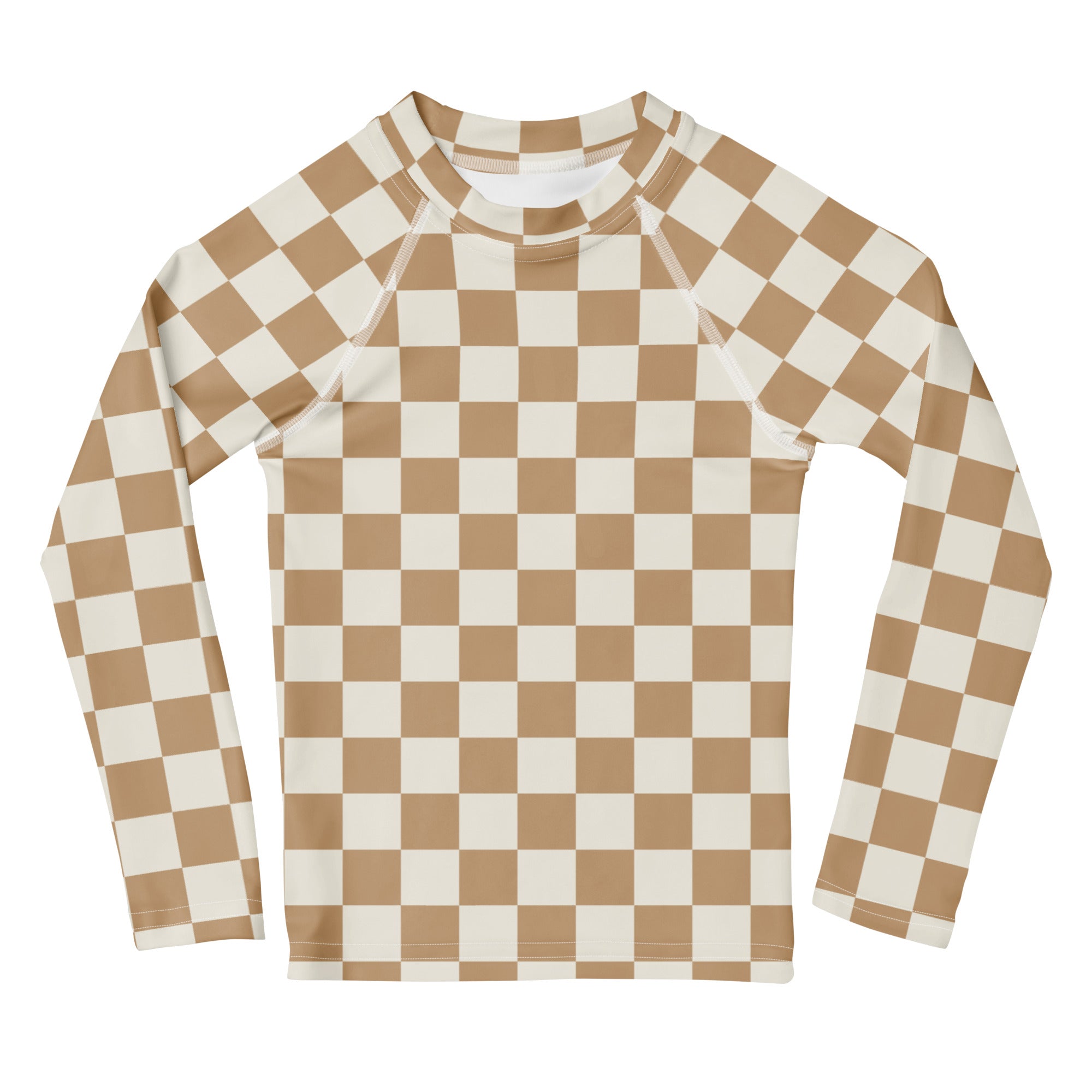 Kids sand checkerboard long sleeve rash guard swim shirt with UPF 50 plus tan and off-white checkerboard pattern
