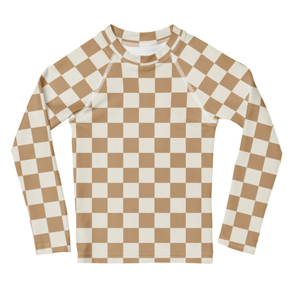 Kids Sand Checkerboard Long Sleeve Rash Guard Swim Shirt With UPF 50+