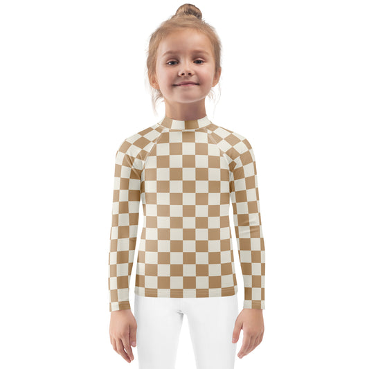 Kids Sand Checkerboard Long Sleeve Rash Guard Swim Shirt With UPF 50+
