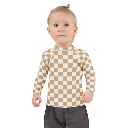Kids Sand Checkerboard Long Sleeve Rash Guard Swim Shirt With UPF 50+