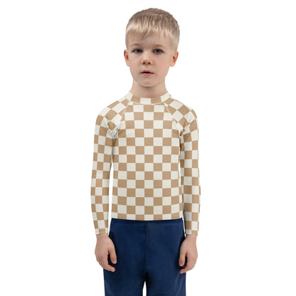 Kids Sand Checkerboard Long Sleeve Rash Guard Swim Shirt With UPF 50+