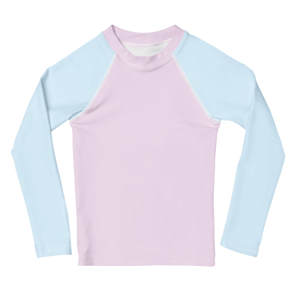 Girls pink and blue cotton candy long sleeve rash guard swim shirt with raglan sleeves cotton and upf 50 plus protection