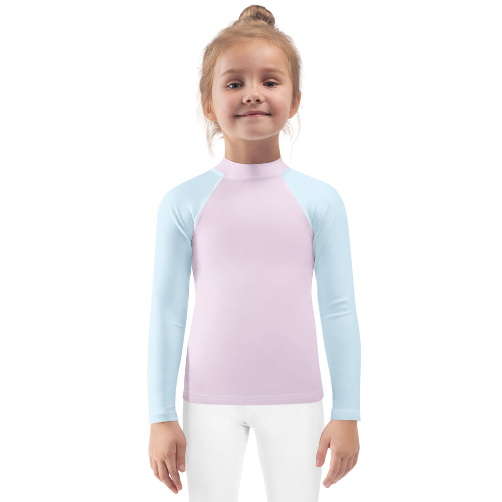 Girls pink and blue cotton candy long sleeve rash guard swim shirt with raglan sleeves and upf 50 plus protection