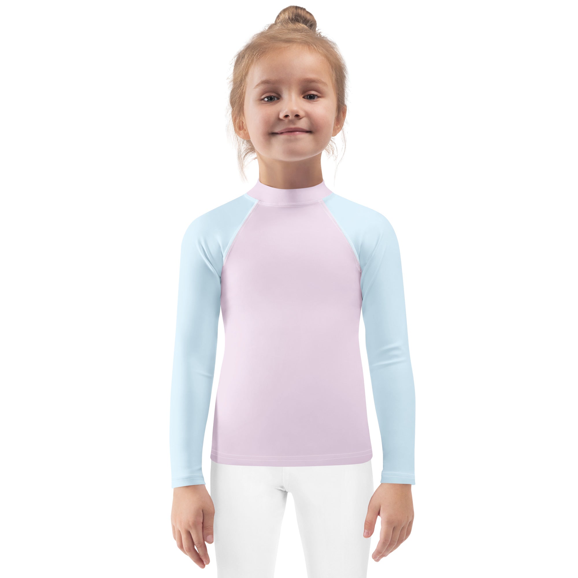 Girls pink and blue cotton candy long sleeve rash guard swim shirt with raglan sleeves and upf 50 plus protection