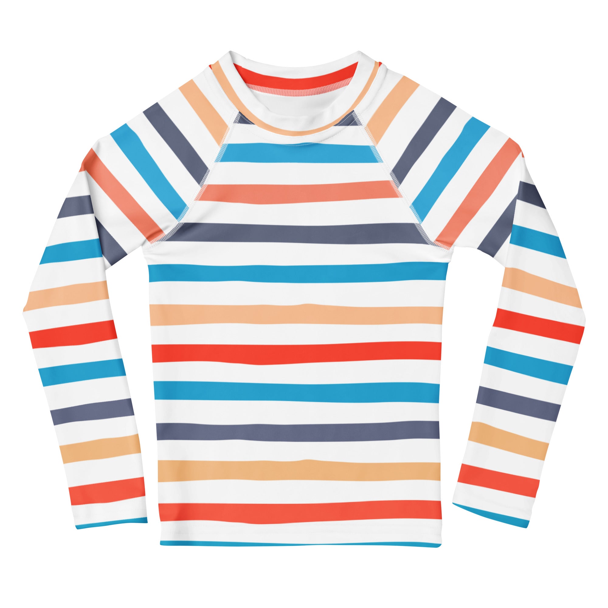 A kids coastal stripes long sleeve rash guard with bold coral teal navy and white stripes and upf 50 plus protection