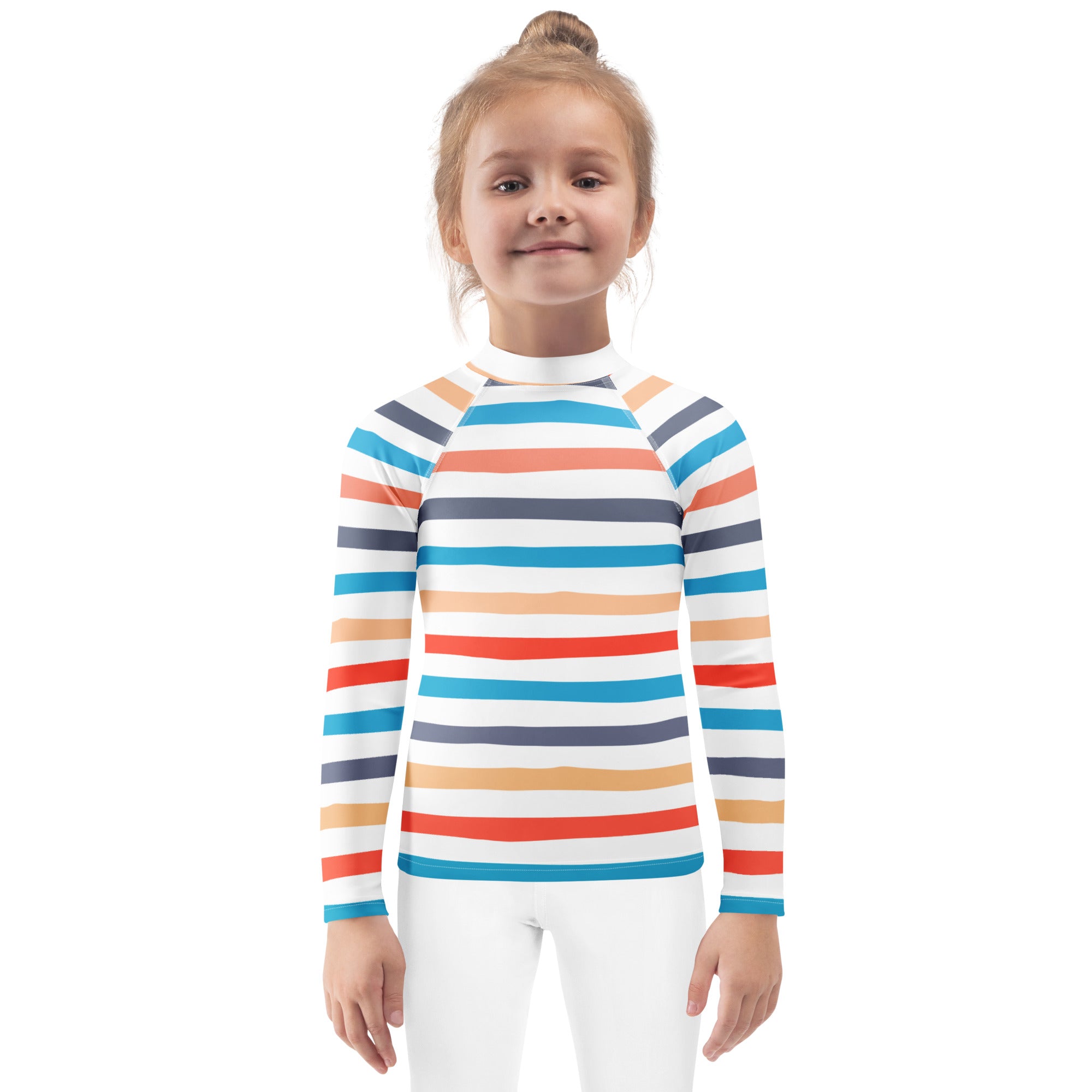 A child wearing a kids coastal stripes long sleeve rash guard swim shirt with upf 50 plus in vibrant orange and blue stripes