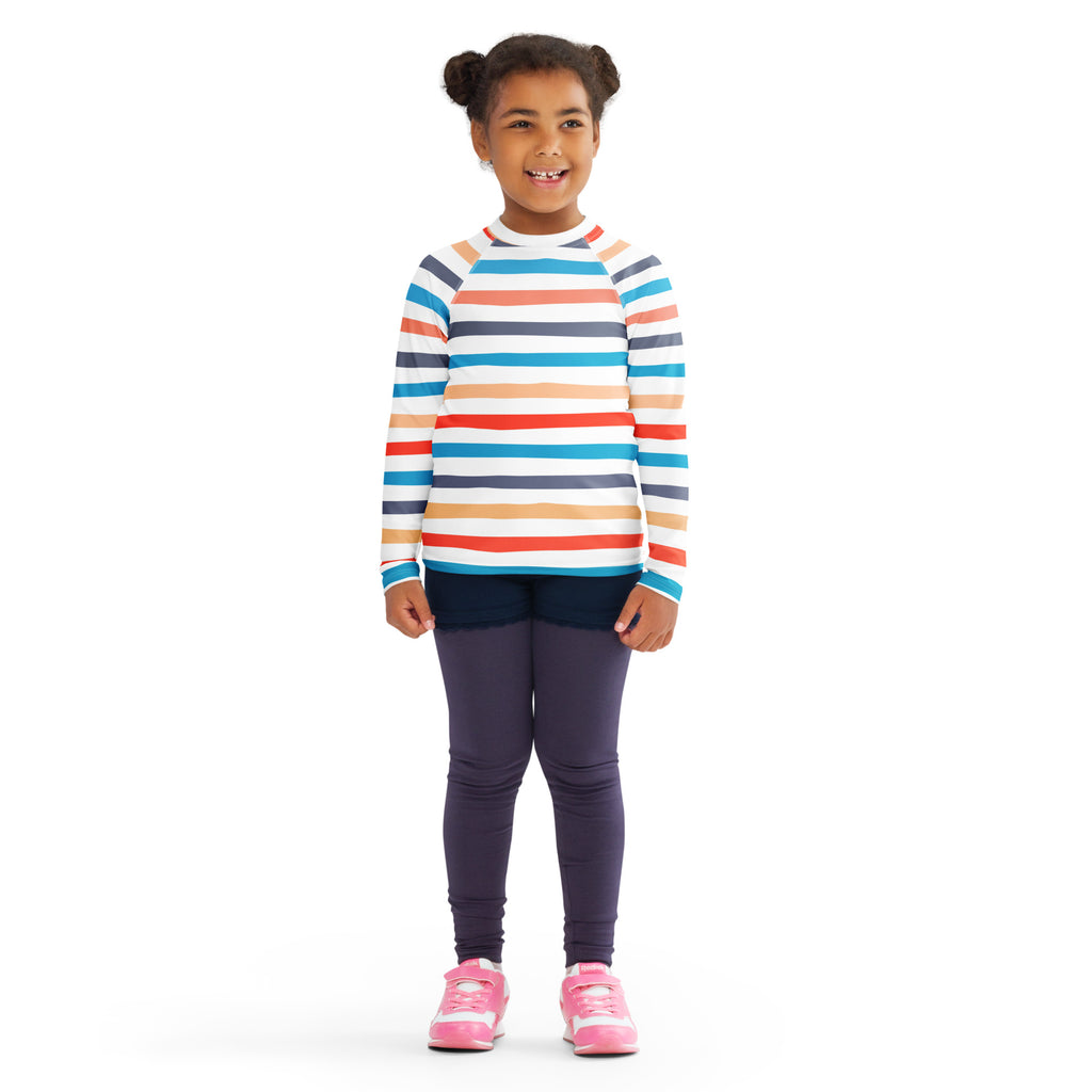Kids coastal stripes long sleeve rash guard swim shirt with upf 50 plus in white orange red blue and navy stripes