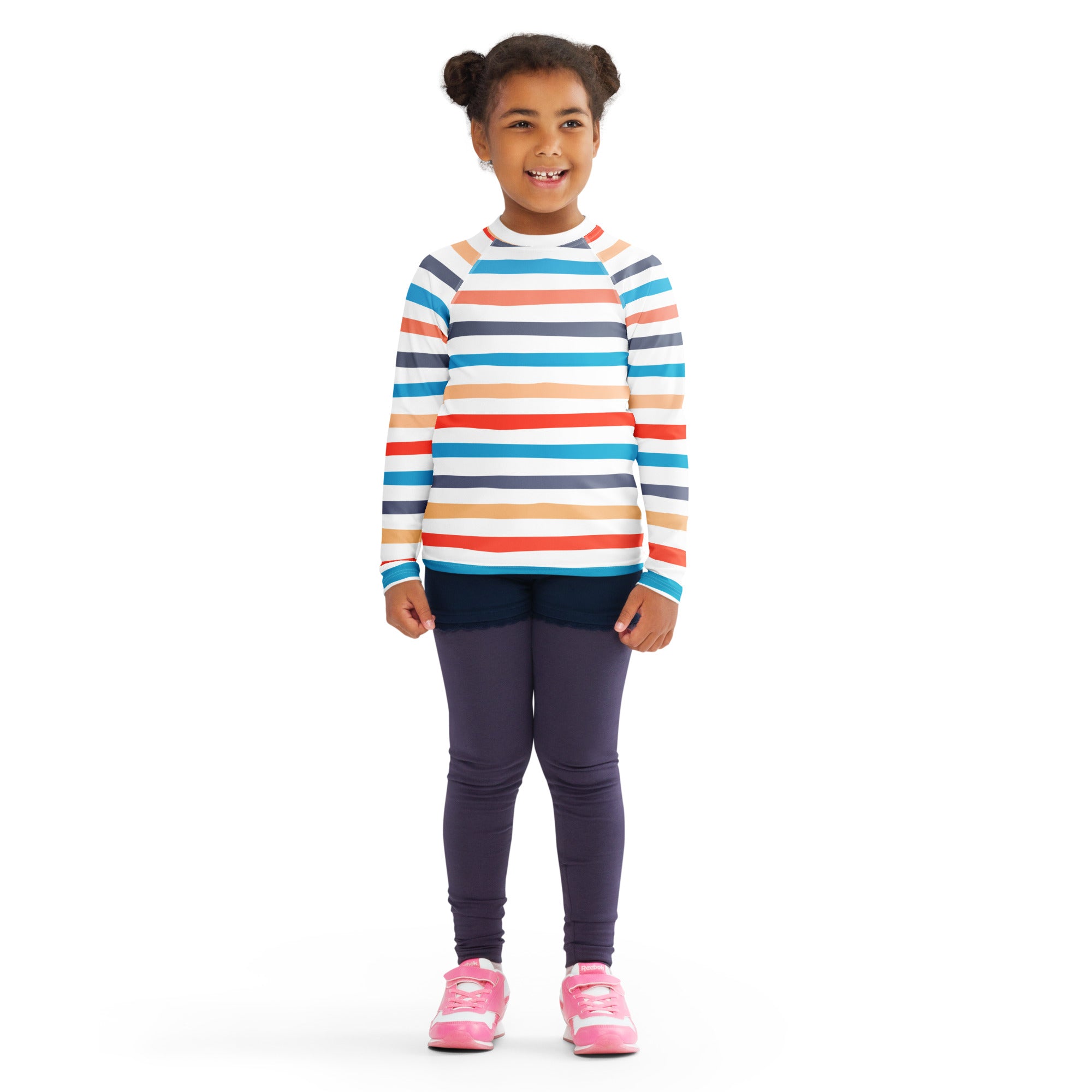 Kids coastal stripes long sleeve rash guard swim shirt with upf 50 plus in white orange red blue and navy stripes