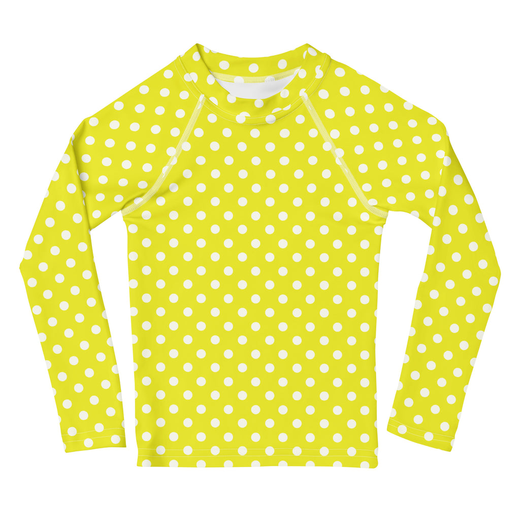 Kids yellow long sleeve rash guard swim shirt with white polka dots and UPF 50 plus sun protection
