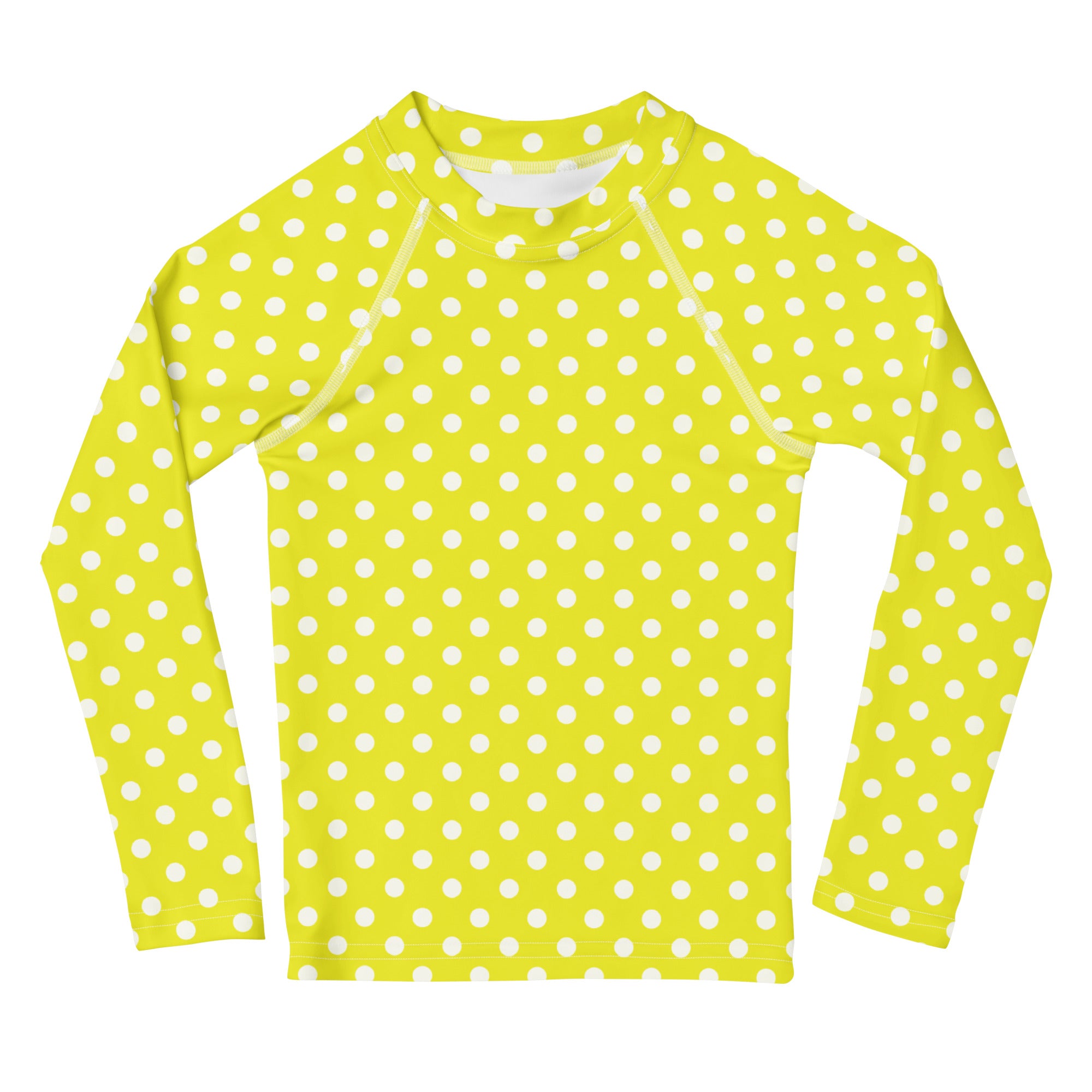 Kids yellow long sleeve rash guard swim shirt with white polka dots and UPF 50 plus sun protection