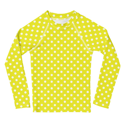 Kids Yellow Polka Dots Long Sleeve Rash Guard Swim Shirt With UPF 50+