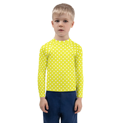 Kids Yellow Polka Dots Long Sleeve Rash Guard Swim Shirt With UPF 50+