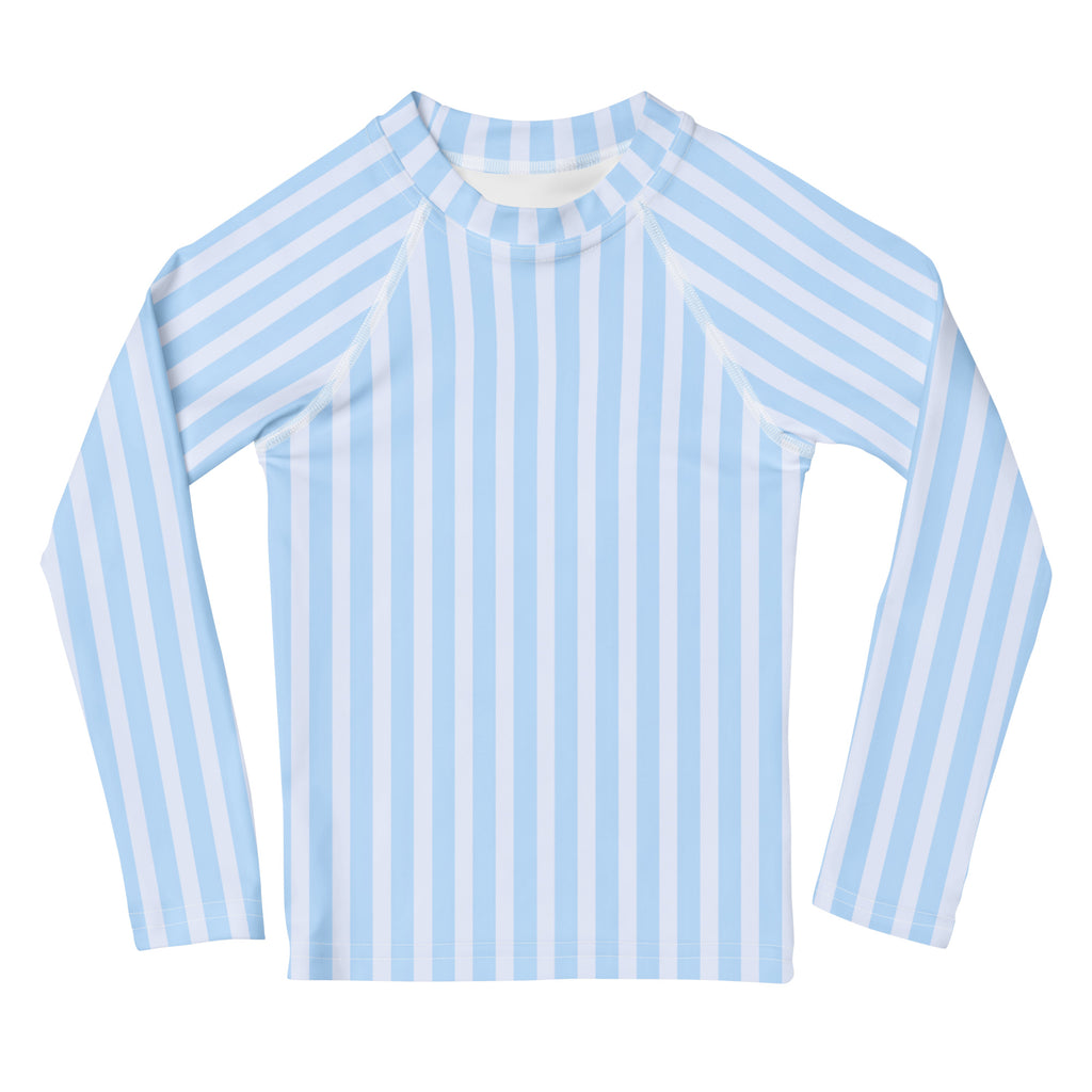 Kids blue striped long sleeve rash guard swim shirt with upf 50 plus in light blue and white vertical stripes