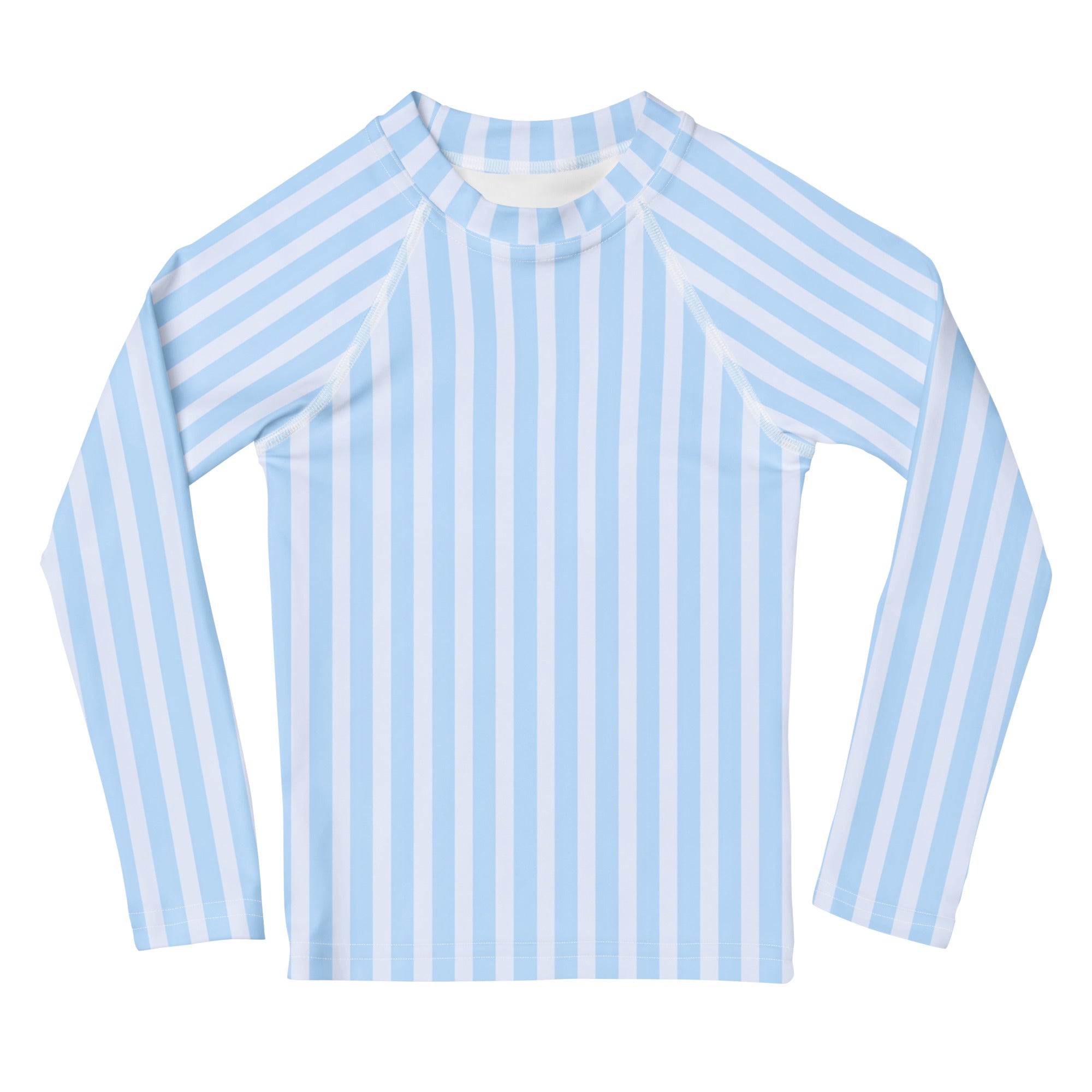 Kids blue striped long sleeve rash guard swim shirt with upf 50 plus in light blue and white vertical stripes