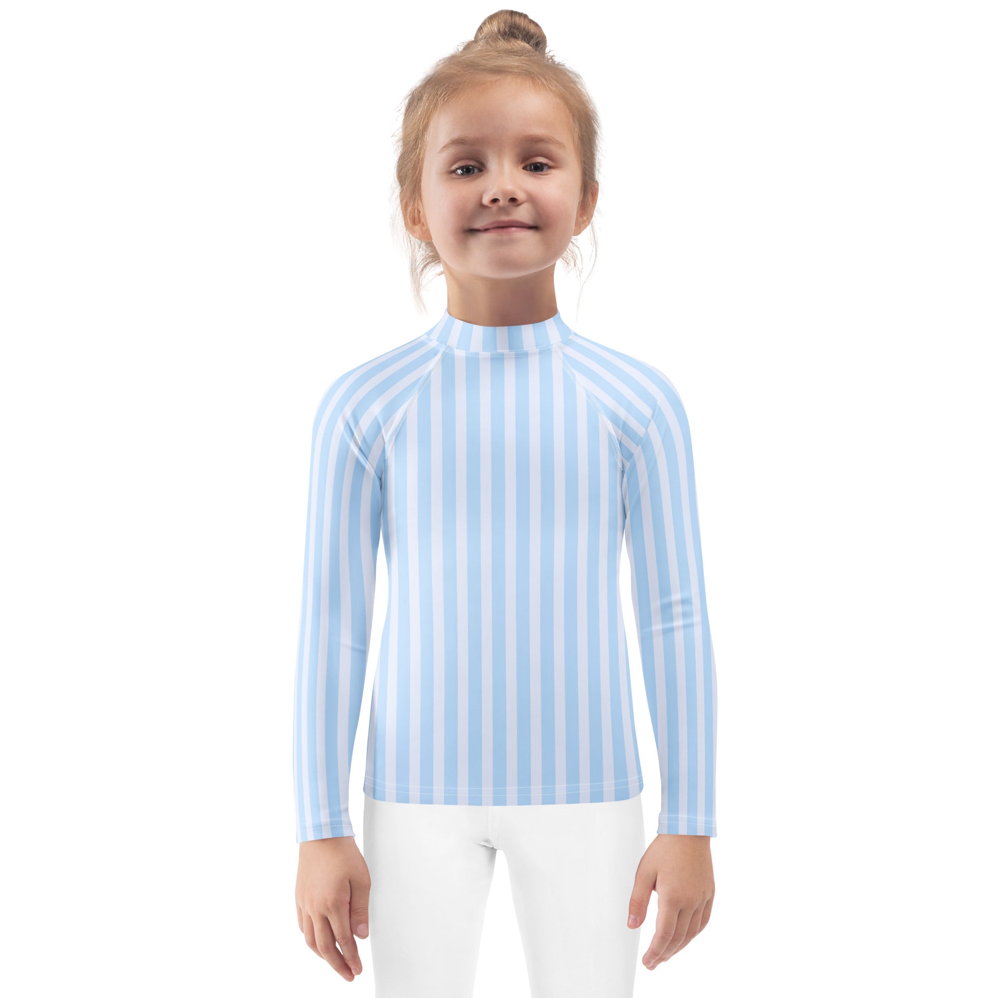 Kids blue striped long sleeve rash guard swim shirt with UPF 50 plus in light blue and white vertical stripes and high collar