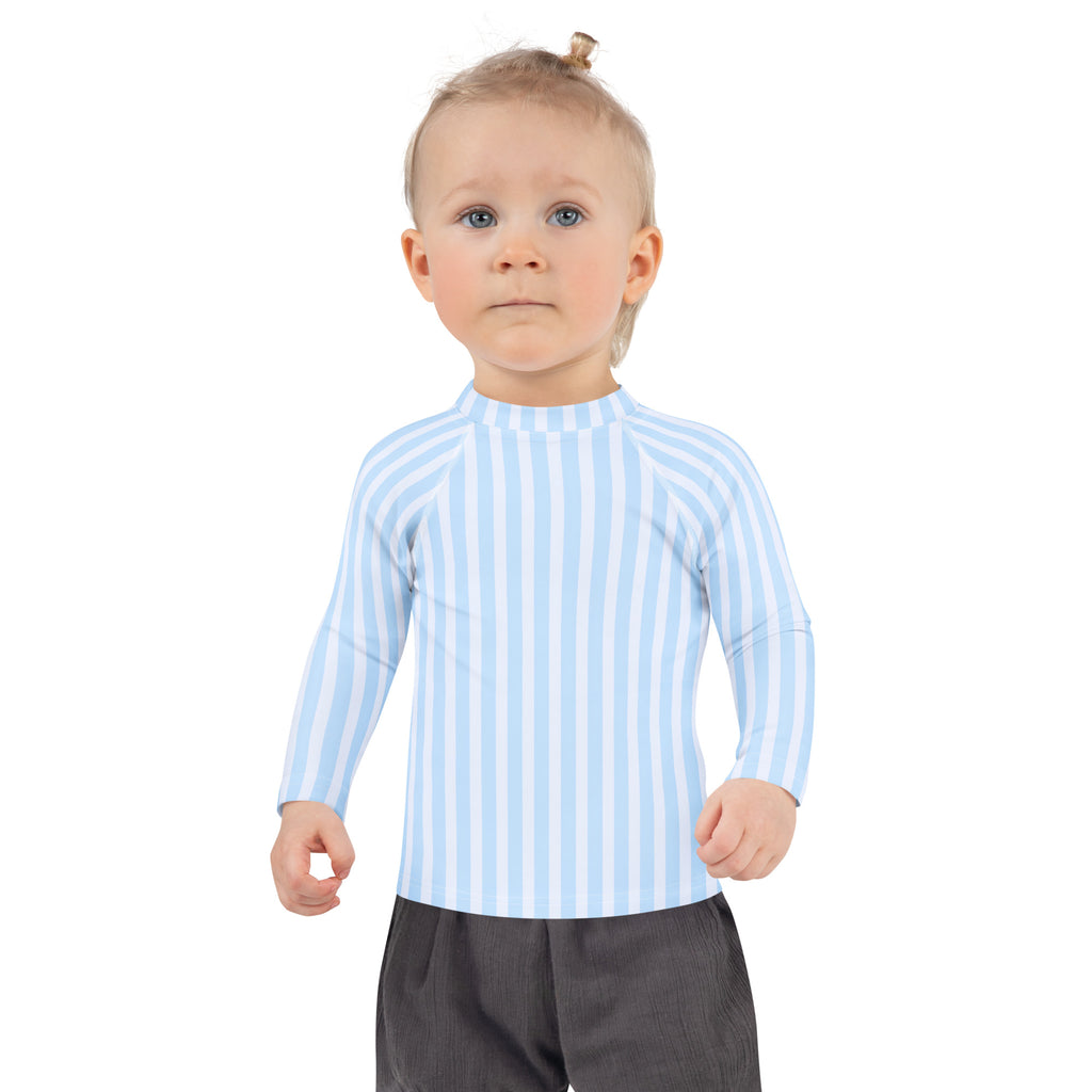 Kids blue striped long sleeve rash guard swim shirt with upf 50 plus in light blue and white for sun protection
