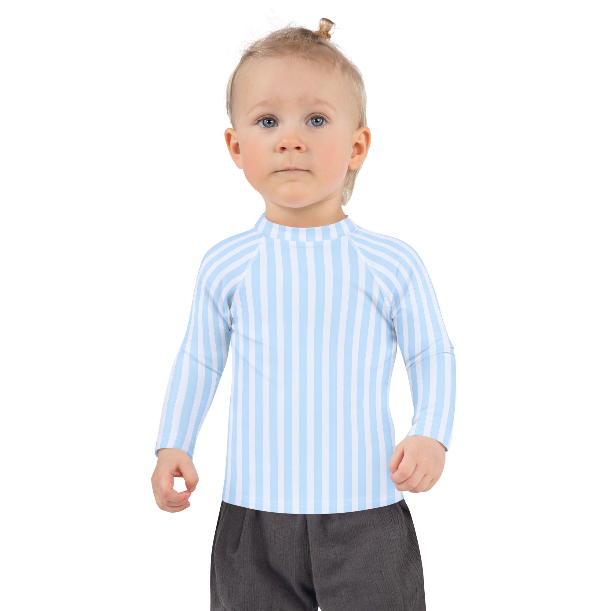 Kids blue striped long sleeve rash guard swim shirt with upf 50 plus in light blue and white for sun protection