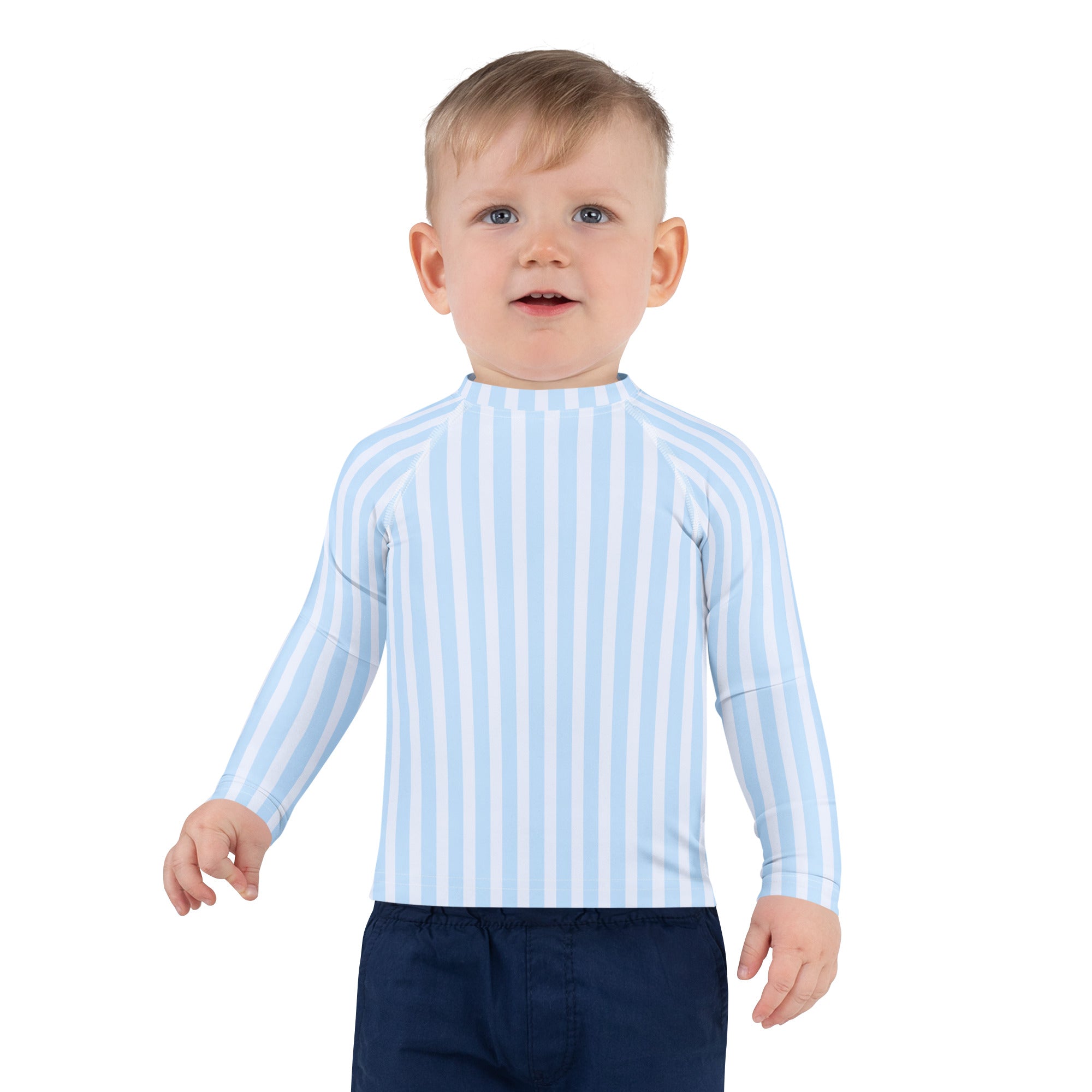 A child wearing a kids blue striped long sleeve rash guard swim shirt with UPF 50 plus for sun protection