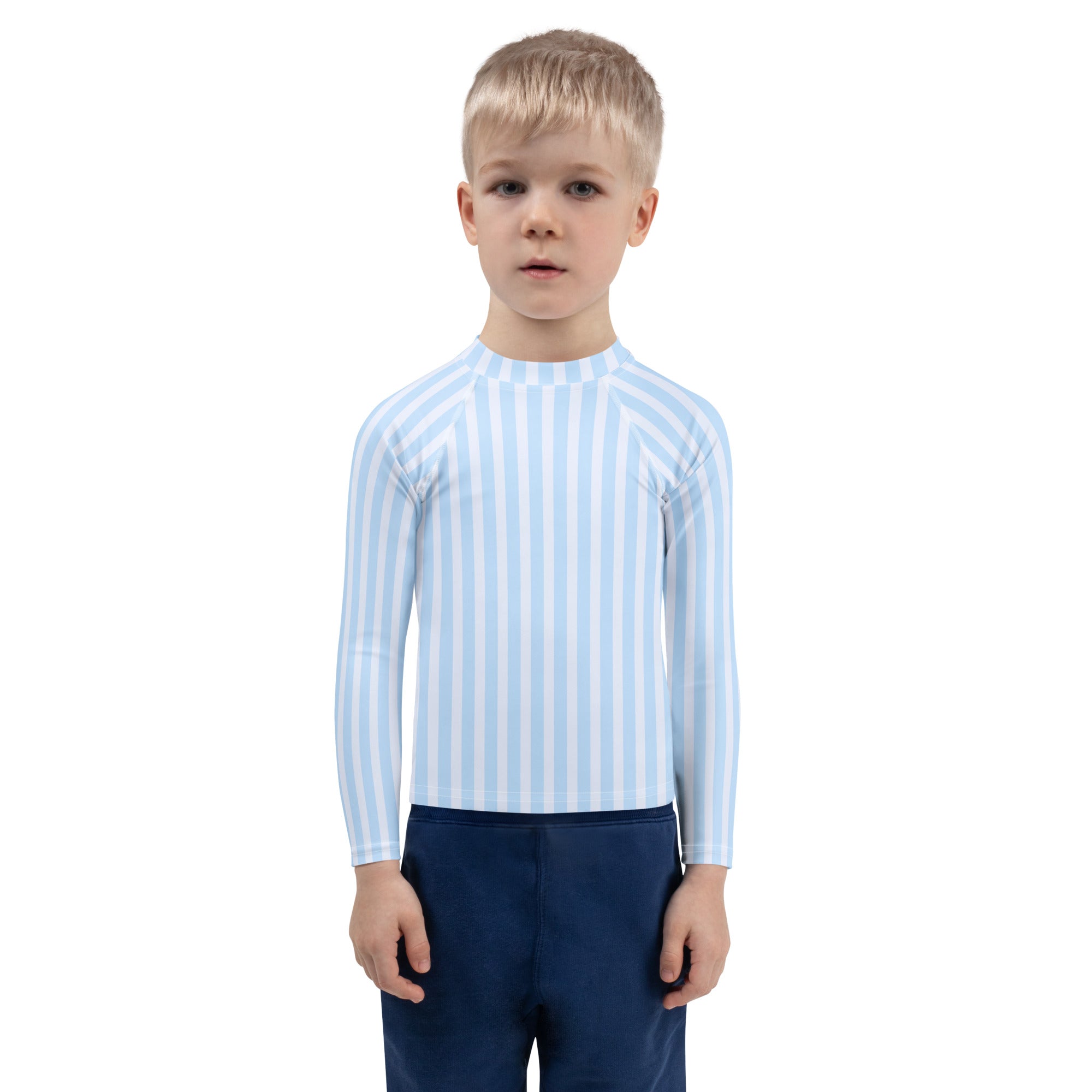Kids blue striped long sleeve rash guard swim shirt with UPF 50 plus worn by a child with light blue and white stripes