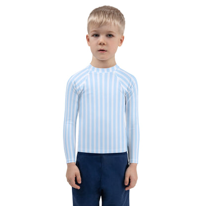 Kids Blue Striped Long Sleeve Rash Guard Swim Shirt With UPF 50+