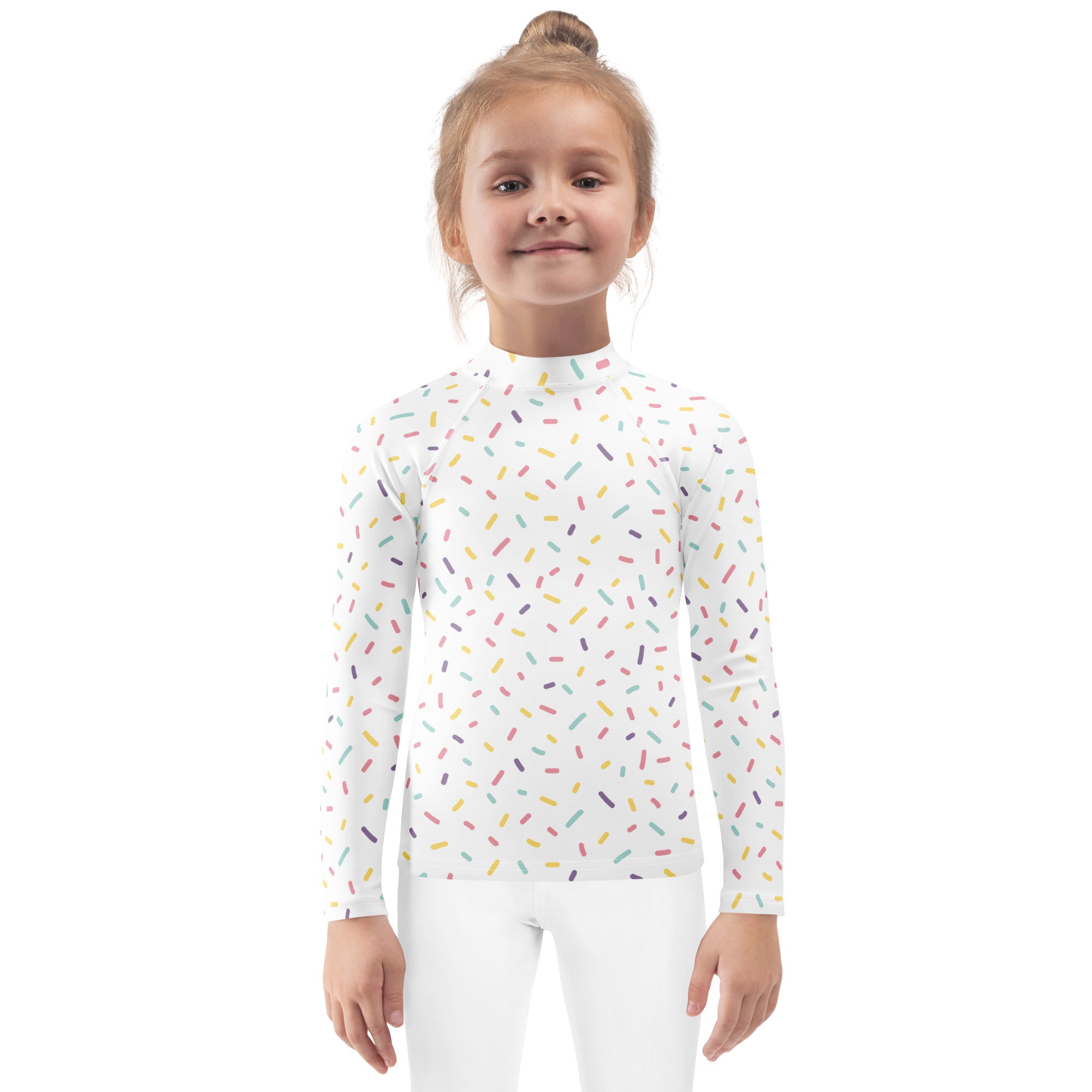 Kids colorful sprinkles long sleeve rash guard swim shirt in white with multicolored sprinkle pattern and upf 50+ protection