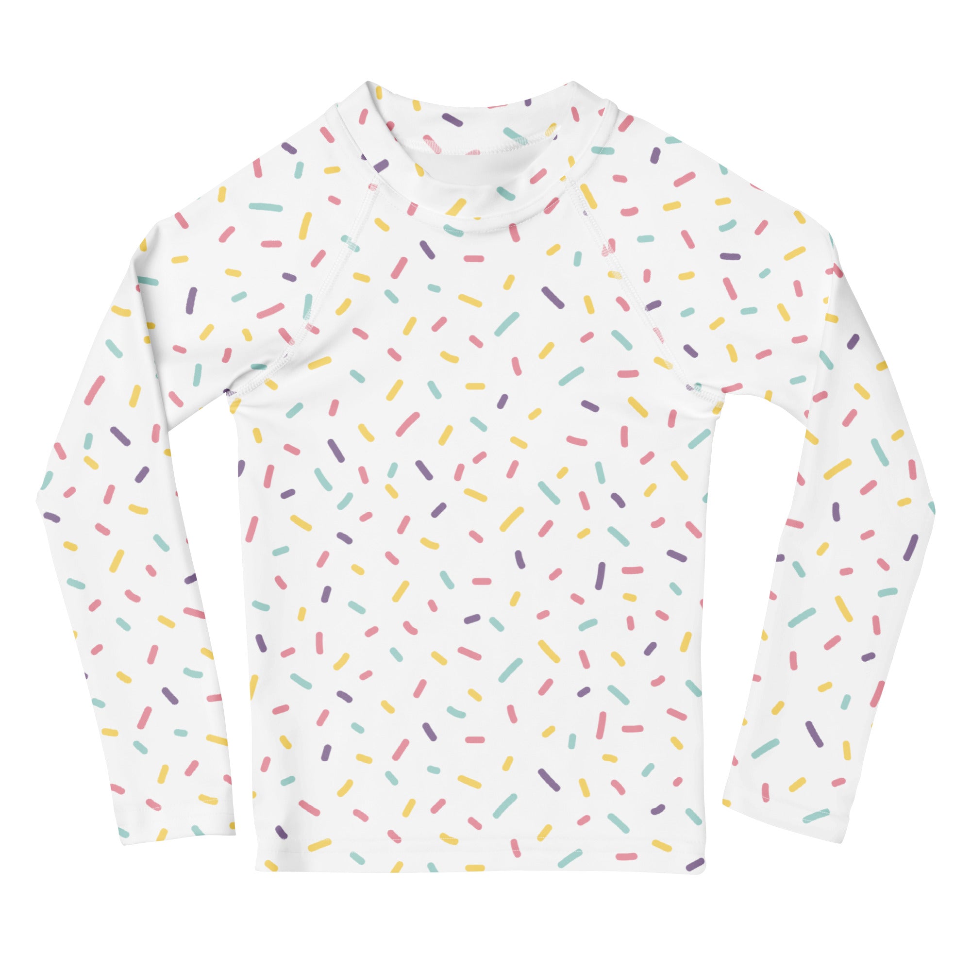 White kids long sleeve rash guard swim shirt with colorful sprinkles pattern and UPF 50 plus sun protection