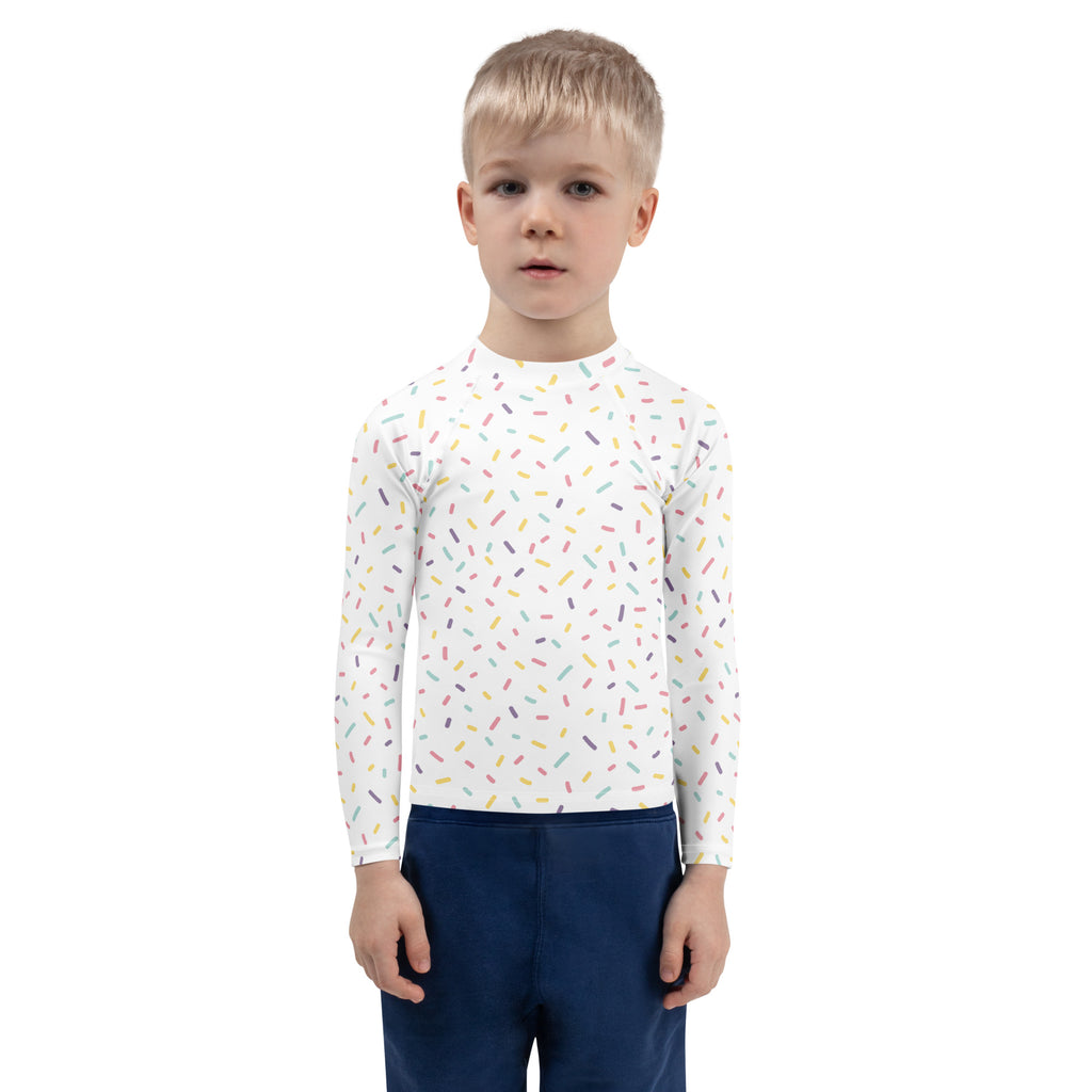 White long sleeve rash guard for kids with colorful sprinkles pattern and upf 50 plus sun protection