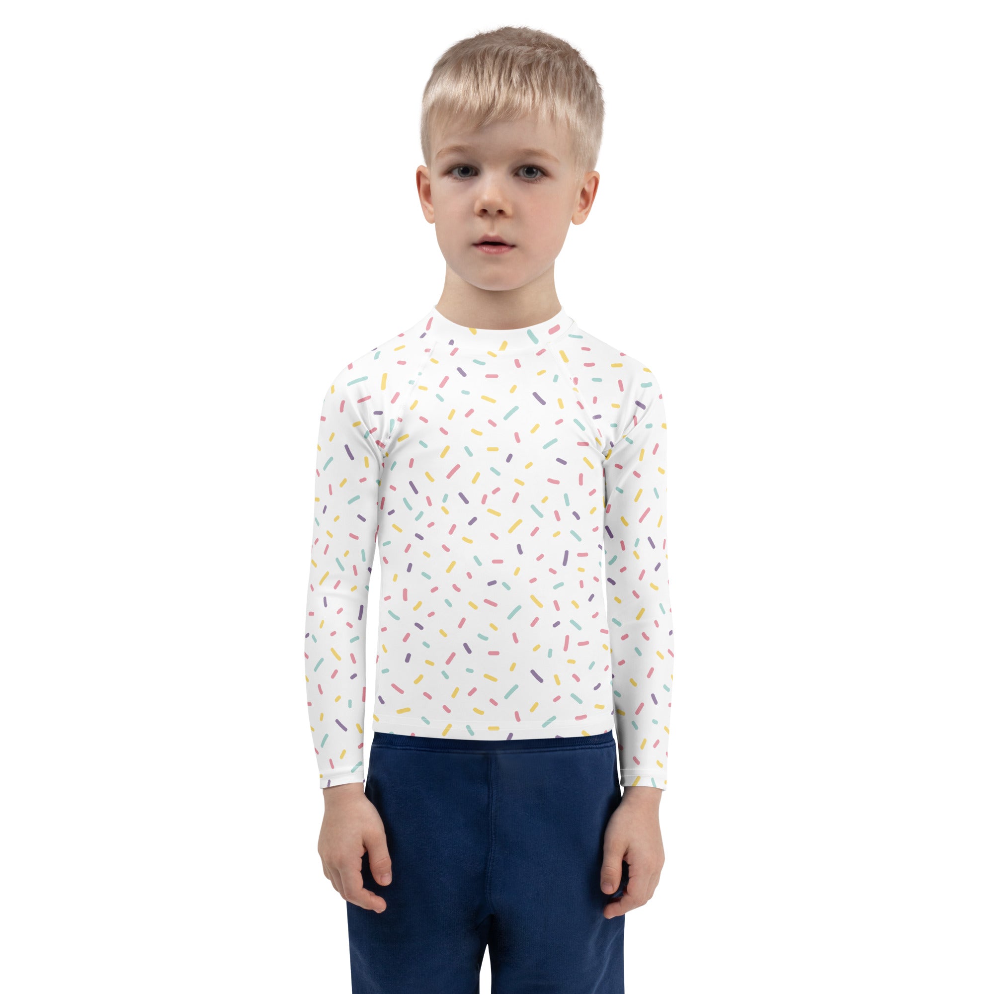 White long sleeve rash guard for kids with colorful sprinkles pattern and upf 50 plus sun protection